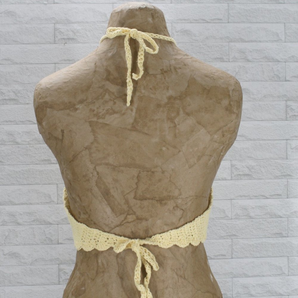 HAND CRAFTED Crop Top Crochet Halter Bow Cut Out Circles Bralette Yellow Cotton - Picture 5 of 14